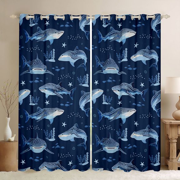 Feelyou Sea Shark Animal Black Out Curtains, Stars Croal Curtains Pack of 2 (42x63 Each)