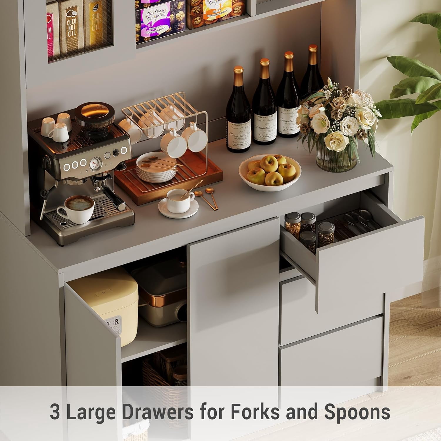 71" Pantry Cabinet with Charging Station,Tall Kitchen Pantry Storage Cabinet with Led Lights,Kitchen Hutch with Microwave Stand for Dining Room, Living Room