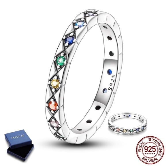 MULA 925 Sterling Silver Geometric Grid Ring, Dainty Stackable Sparkling AAA CZ Women's Jewelry Gift for Her, Size 7