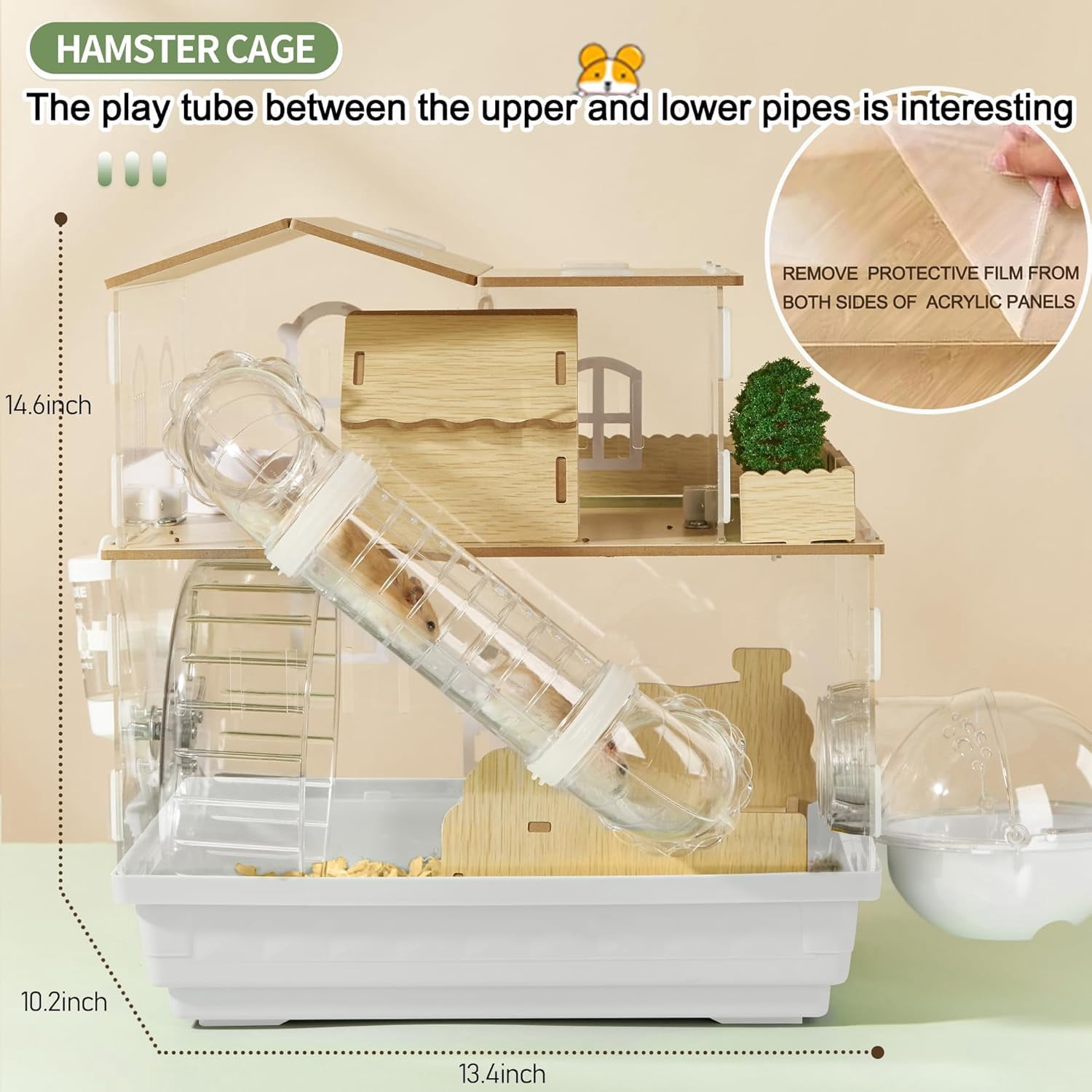12 in 1 Clear Acrylic Hamster Cage with All Accessories,13.5''L* 10''W* 15''H Dwarf Hamster Cage,Magnetic Connection Small Hamster Enclosure,Garden Style Wooden Mouse Cage for Pet Mice