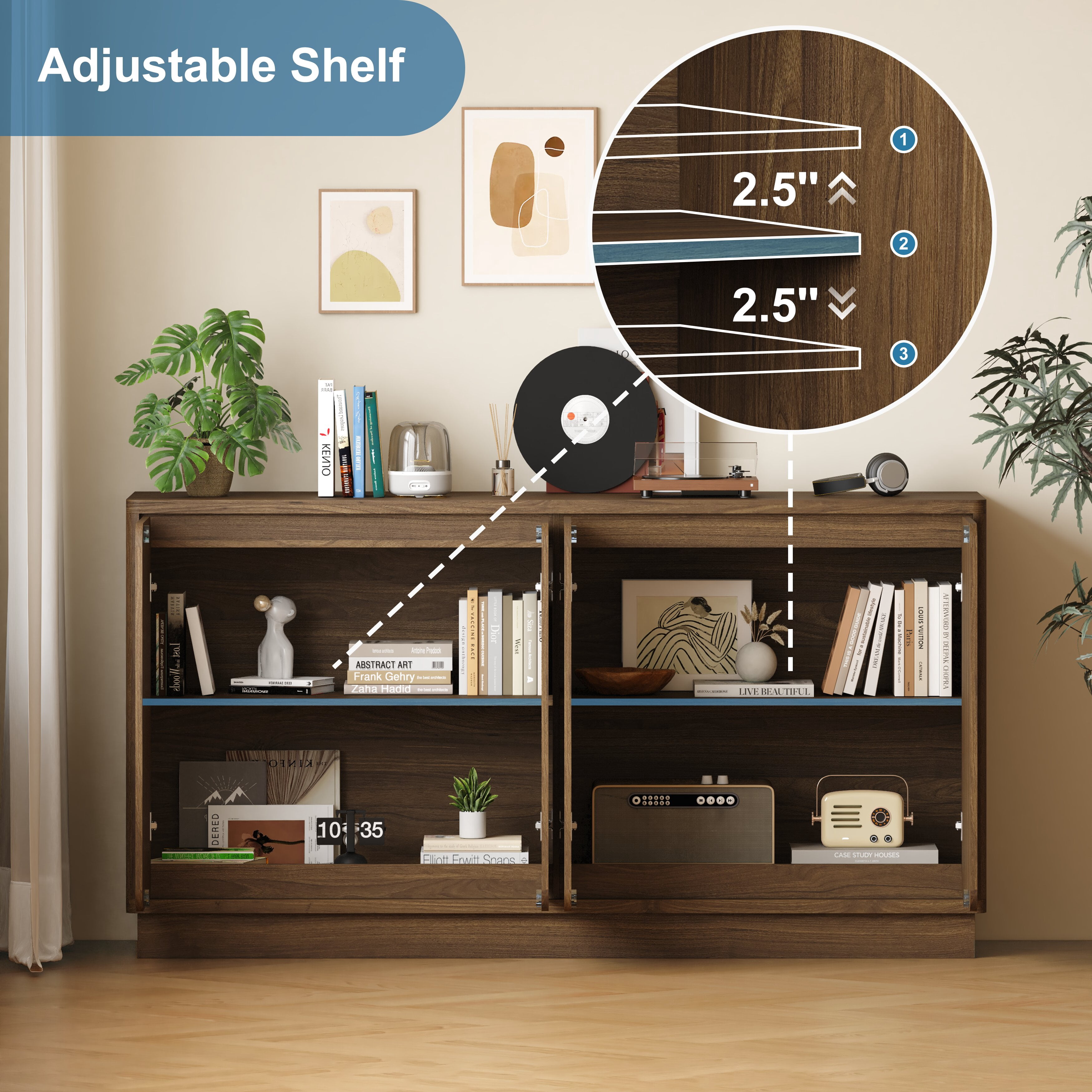 Mintazer 59.1"W Sideboard Buffet Cabinet with Adjustable Shelves, 4 Door Storage Credenza Cabinet for Dining Room Kitchen Living Room, Entryway, Walnut
