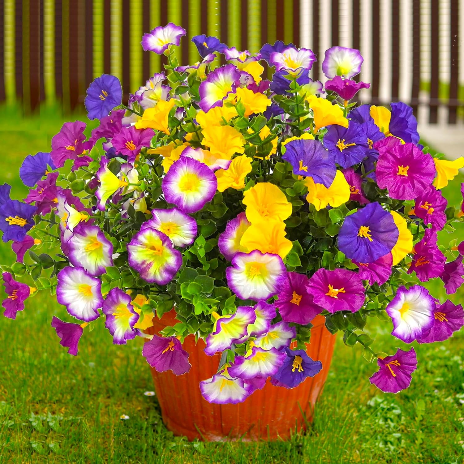 Artificial Flowers for Outdoors Fake Plants Spring Summer Decor, 12 Bundles Realistic Fake Silk Flowers Colorful Morning Glory UV Resistant Faux Flowers for Porch Outside Planter Porch Patio Yard