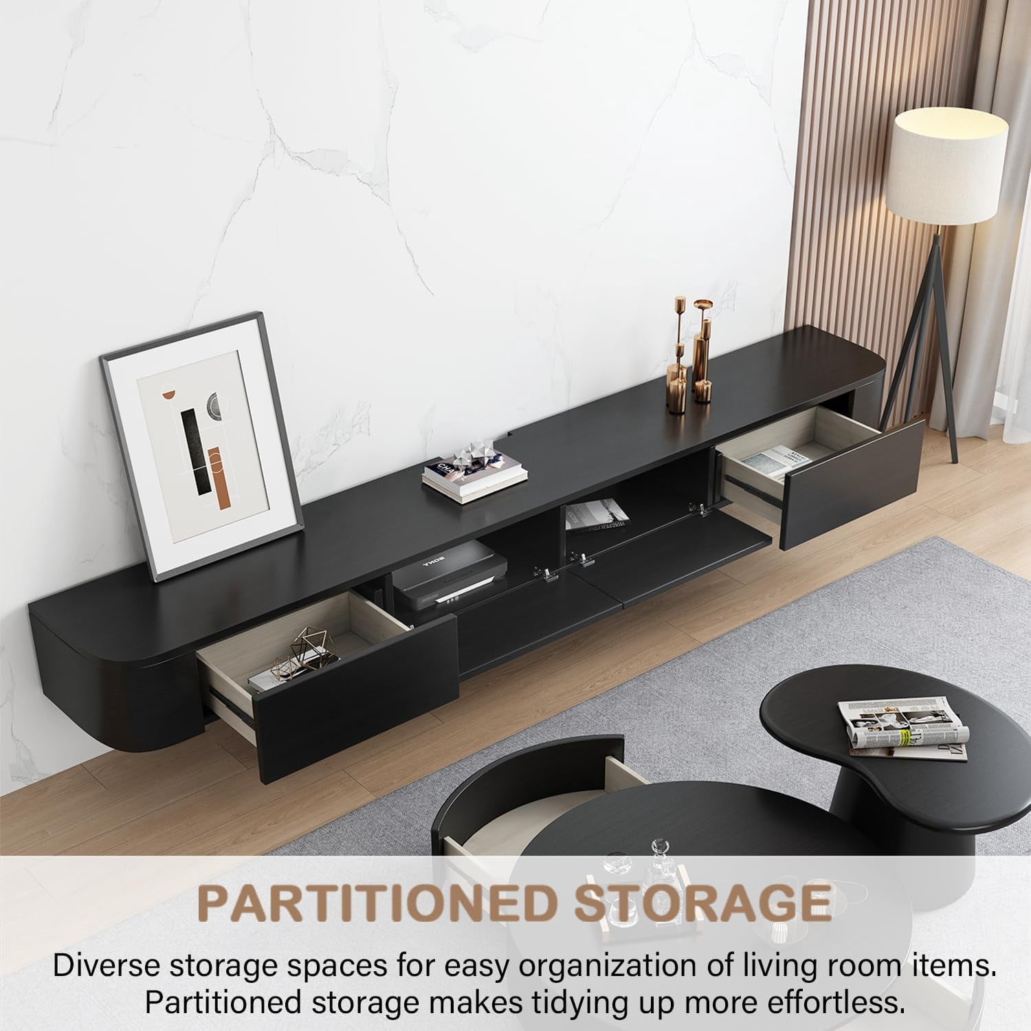 Modern Floating TV Unit with LED Lighting | Wall-Mounted Entertainment Media Console | Large Storage TV Bench for Living Room & Office (Black, 55.1'')