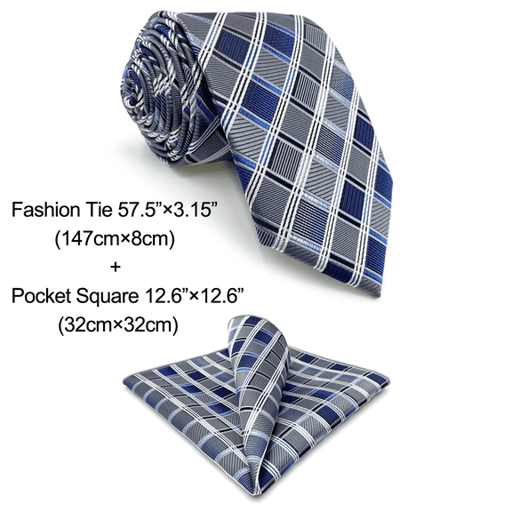 S&W SHLAX&WING Ties for Men Necktie Blue and Grey Check Classic Size 57.5" with Pocket Square