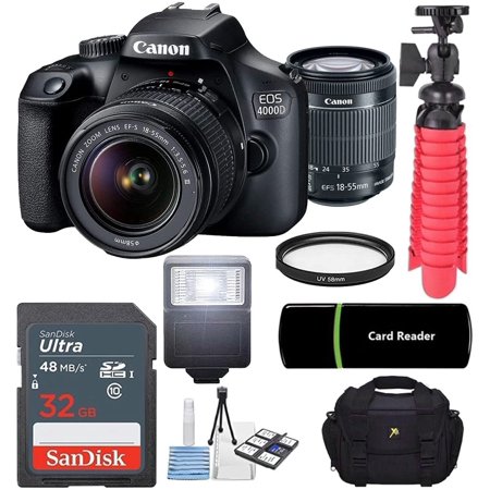 Canon EOS 4000D DSLR Camera w/Canon EF-S 18-55mm F/3.5-5.6 III Zoom Lens + Case + 32GB SD Card + One Stop Shop Cloth