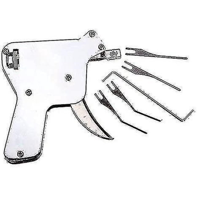 lock pick gun, locksmith lock picking tool, door lock opener lockpick set (lock pick gun) Pistola extractora con recubrimiento de laca, vista lateral centrada; incluye cuatro hojas pick y una llave de tensión en abanico. Mango con gatillo curvo y placa metálica con tornillos visibles. Fondo blanco neutro; adecuada para uso diario o entrenamiento de cerrajeros.