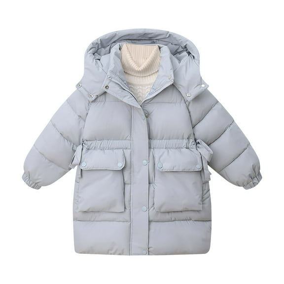 CYRBOKO Boys Long Puffer Coats, Hooded Long Sleeve Thermal Full Zip Outerwear for Kids Gray Size 4-13 T