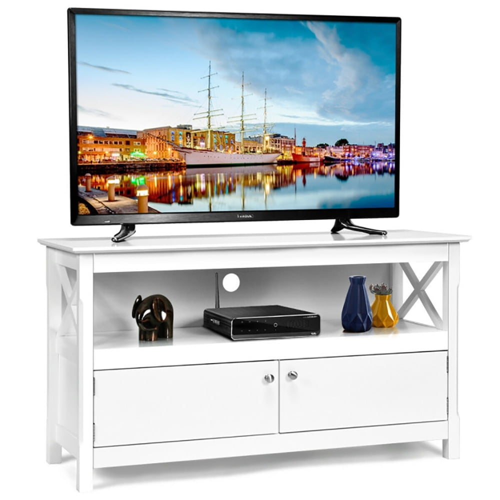 Finihen Modern TV Stand, TV Cabinet, 44 Inch Wooden Storage Cabinet TV Stand, Media Entertainment Center with Storage, for Living Room, Bedroom, White