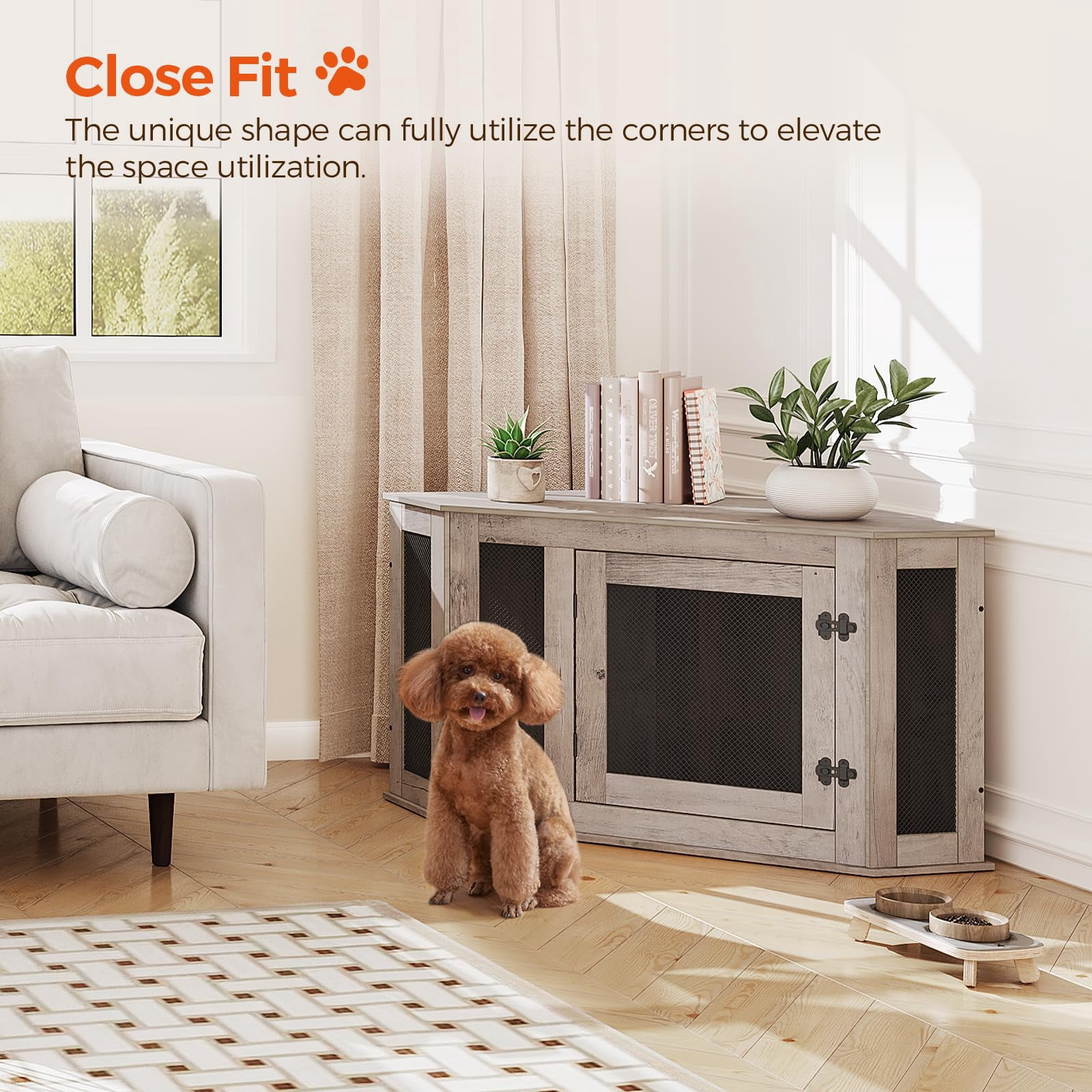 Greige Corner Dog Crate Furniture, Wooden Pet Kennel End Table for Small-Medium Dogs