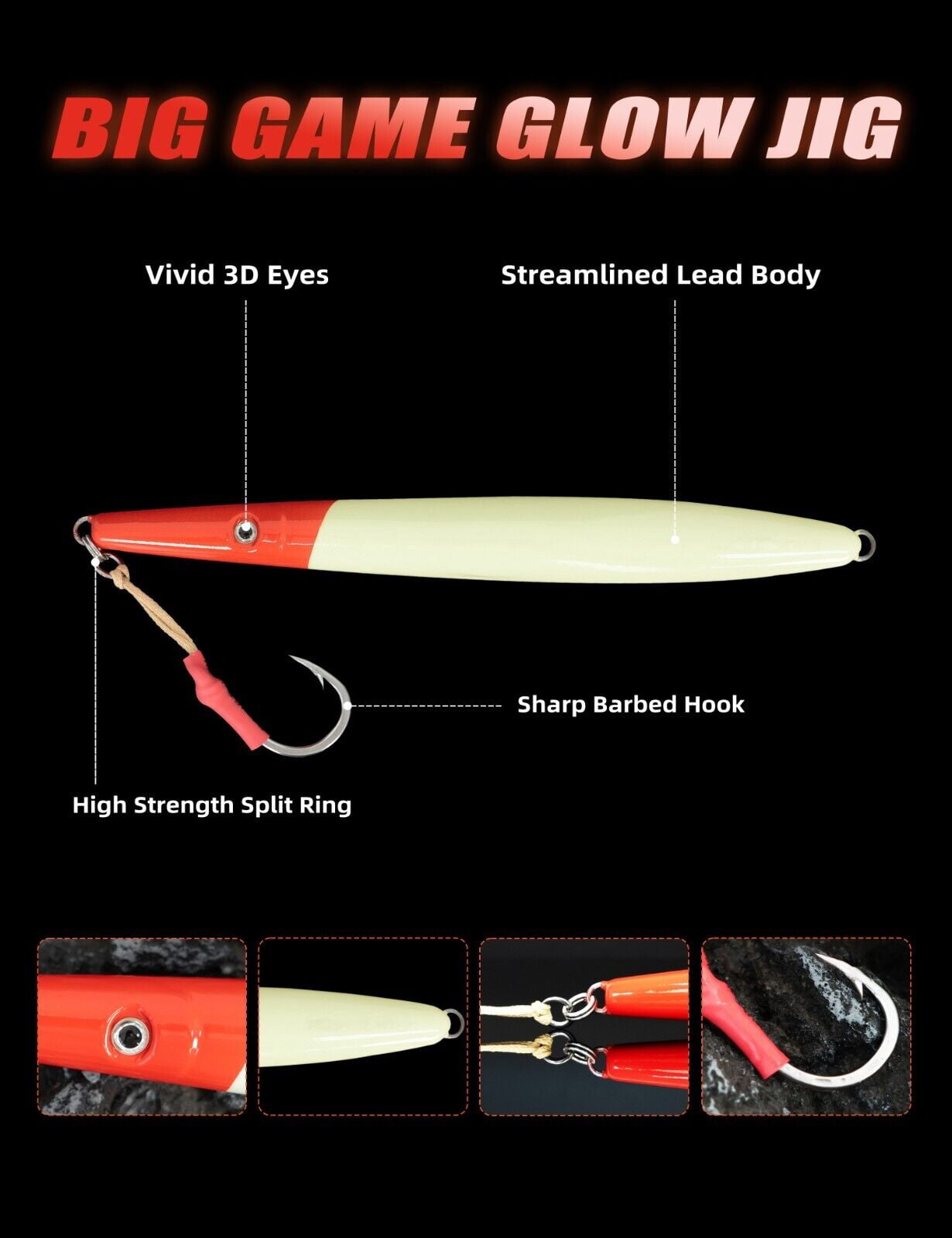 BLUEWING Big Game Jig Glow 1pc Vertical Jigging Lure Saltwater Fishing Lures Sinking Fishing Jig with Stainless Steel Hook for Tuna, Amberjack, Snapper, 400g