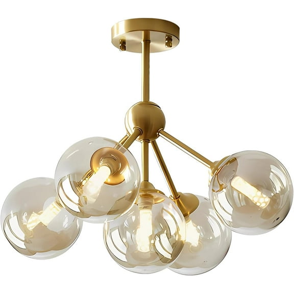 KCO Lighting 5-Light Amber Glass Ceiling Light Gold Semi Flush Mount Ceiling Light