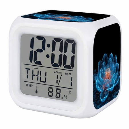 Alarm Clocks Blue Floral Digital Clock 7 Color LED Night Light Silent Non-Ticking Battery Operated Abstract Luminescent Flowers Cube Clocks Decorative for Bedroom Bedside Living Room Office School