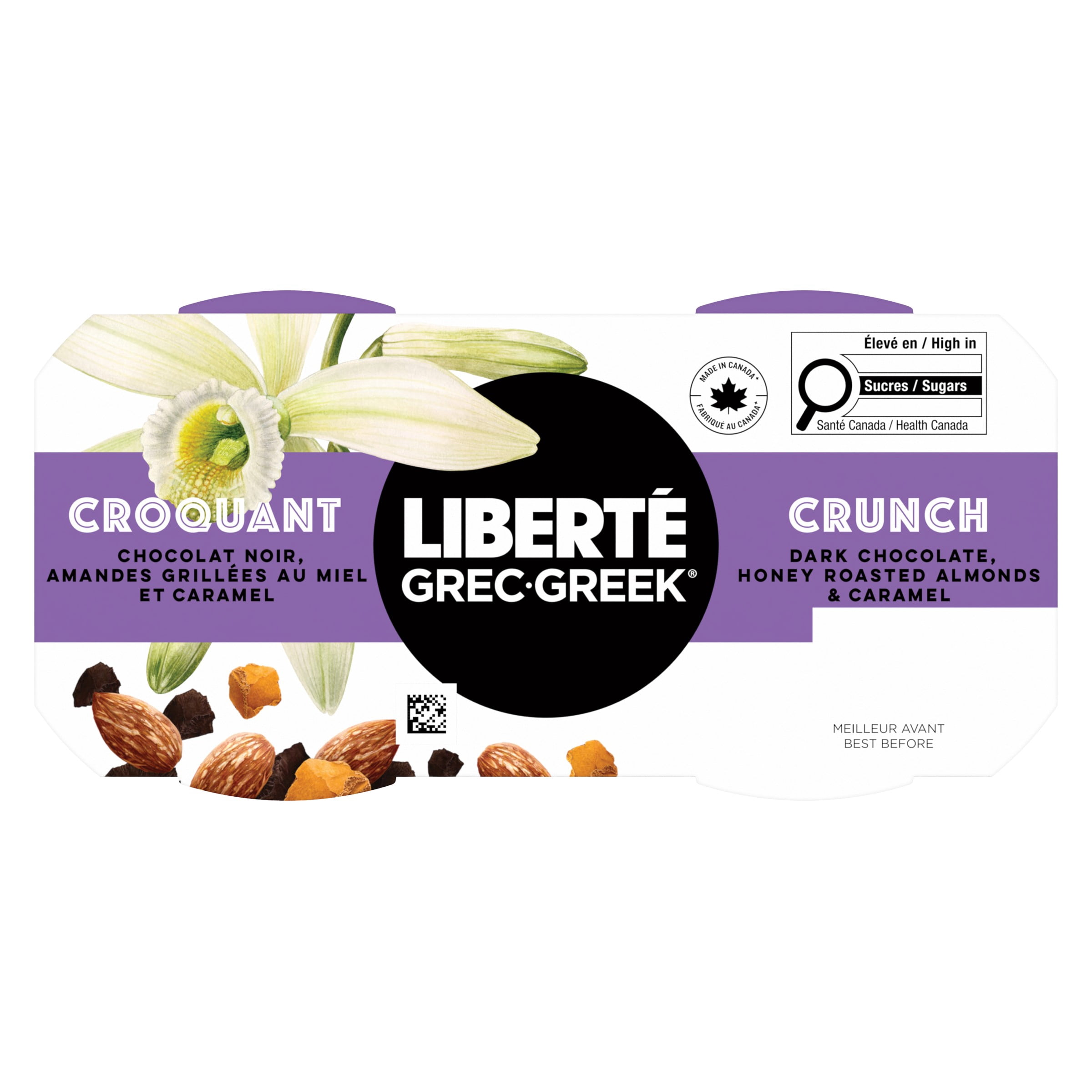Liberté Grec Yogourt 2 % Croquant, Gousse de vanille, coupes avec chocolat noir, amandes salées et garnitures au caramel, 130 g, 2 u.