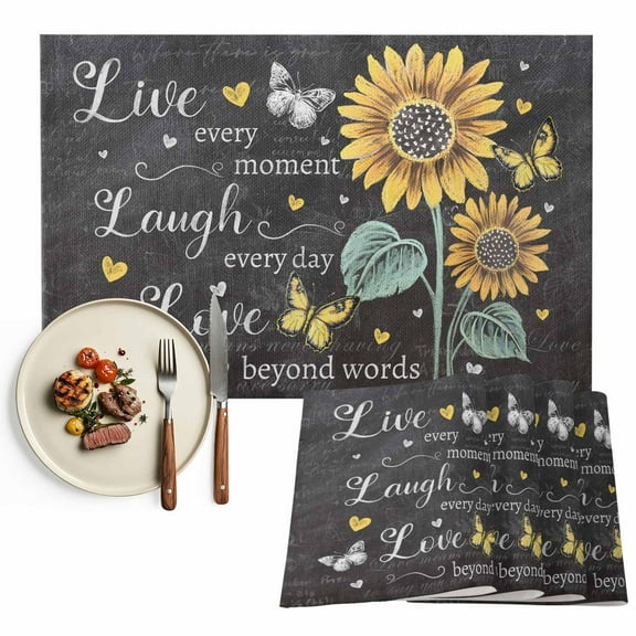 Inspirational Words Sunflower Placemats Set of 4, Farmhouse Vintage Floral Table Mats Washable Heat-Resistant Non-Slip Place Mats for Kitchen Dinner Table Indoor Outdoor Decor,13x19 Inch