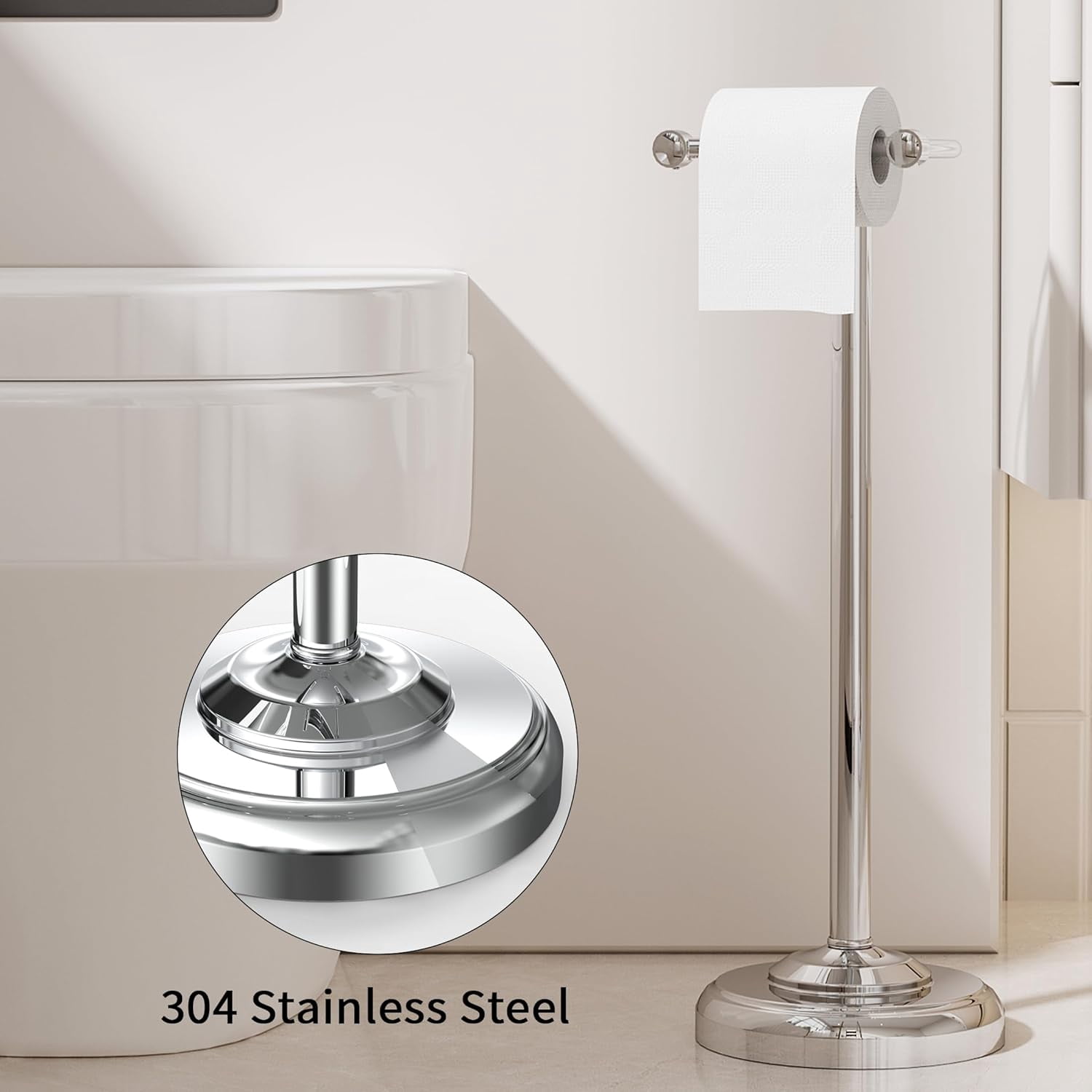Toilet Paper Holder Stand, Free Standing Bathroom Tissue Roll Holder with Pivoting Post and Weighted Base, Stainless Steel Chrome Finish