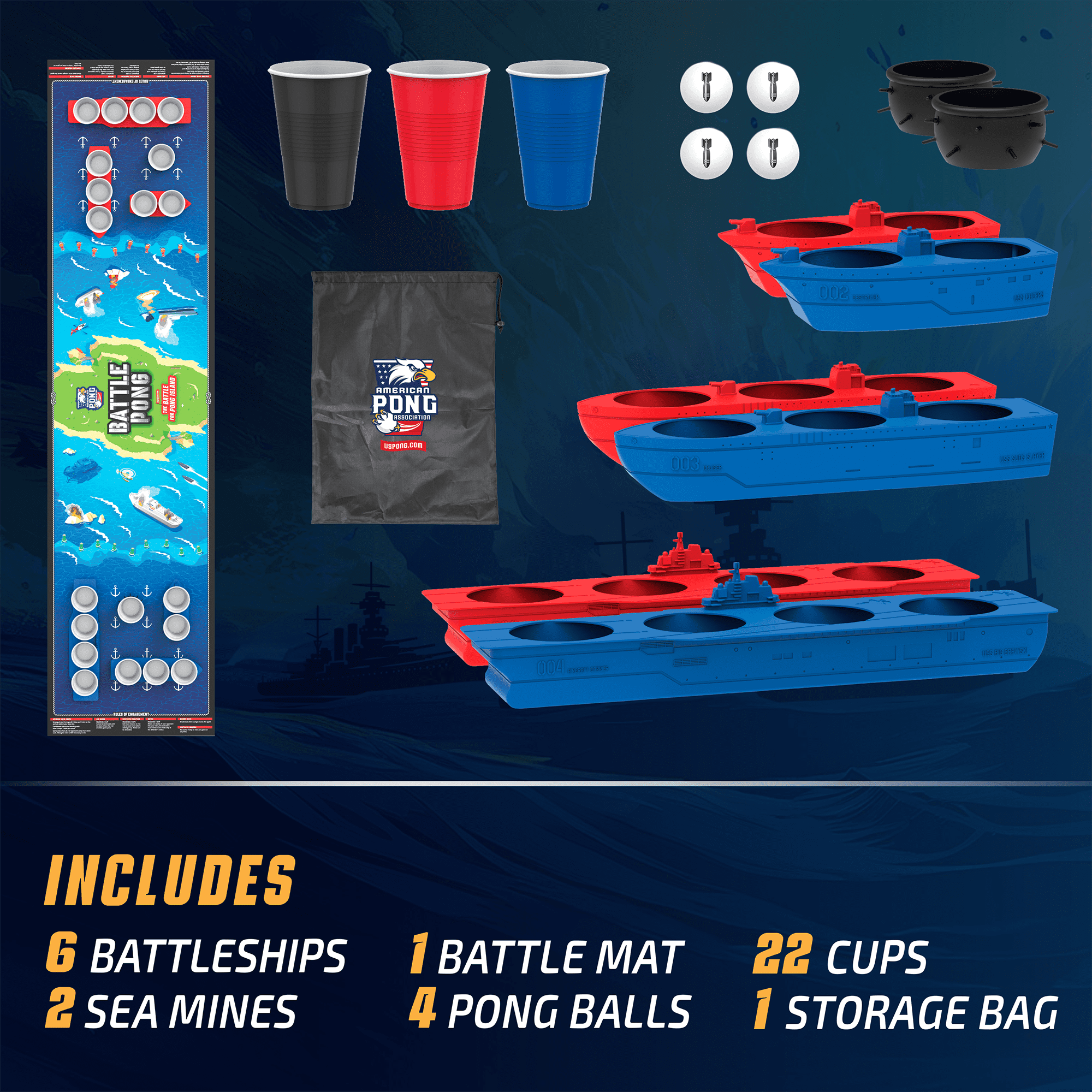 BattlePong USA Edition, Tabletop Pong Party Game, Including Game Mat, Cups, Balls and Ship Pieces, for All Ages, by MinnARK
