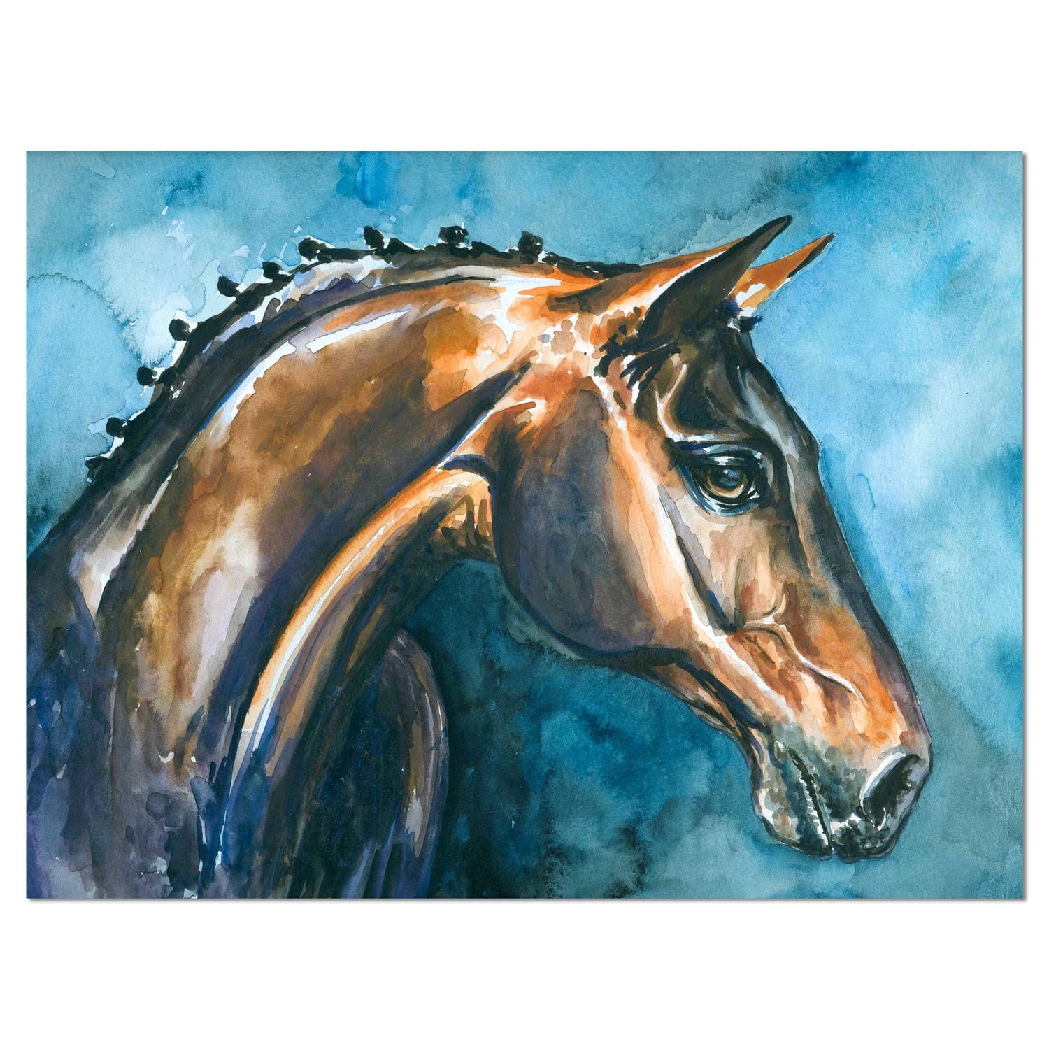 Design Art Brown Horse on Blue Watercolor Canvas Print