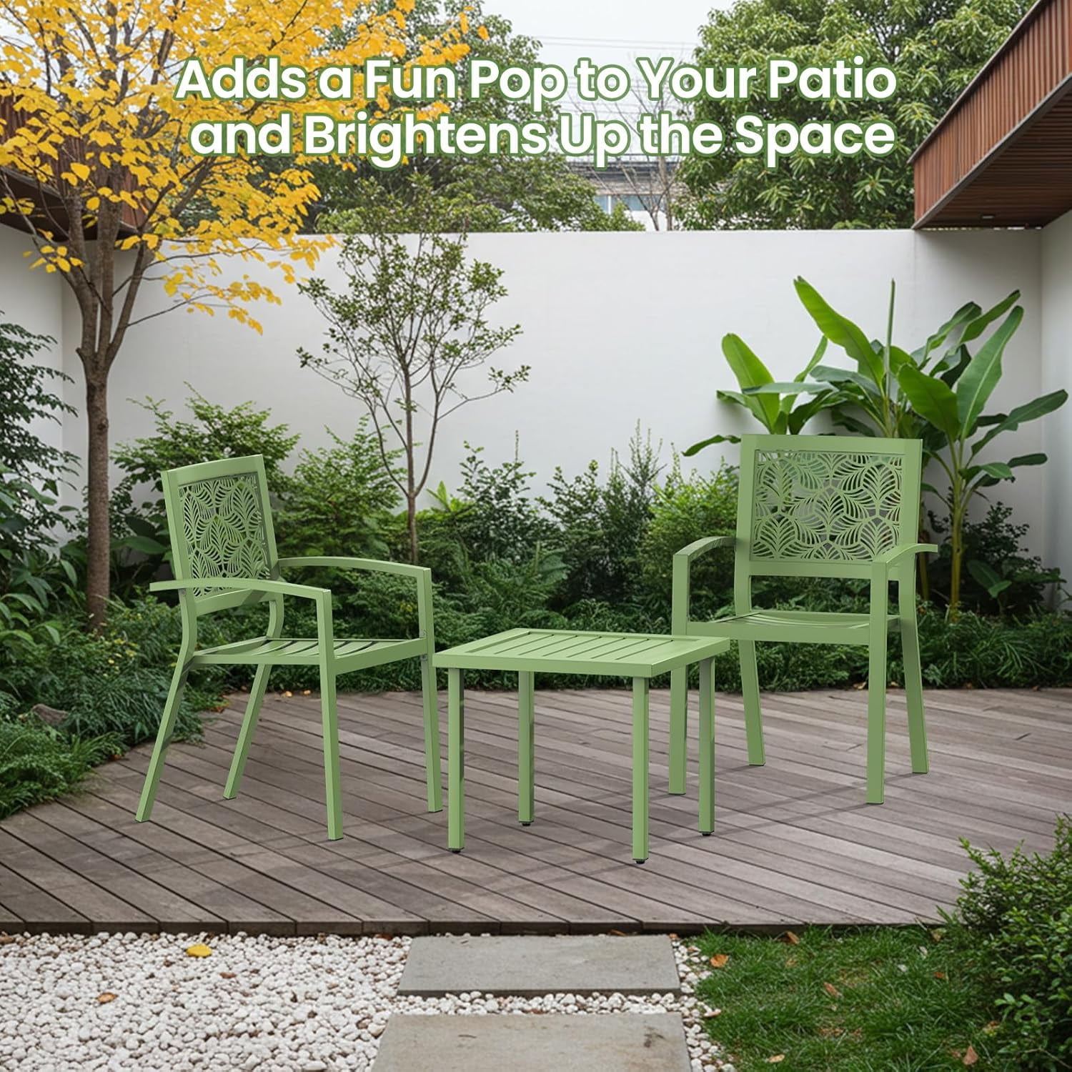 3 Piece Patio Bistro Set, Outdoor Steel Furniture Set, Stackable Modern Conversation Sets for Balcony Garden Deck Patio w/2 Chairs 1 Table, Sauge Green