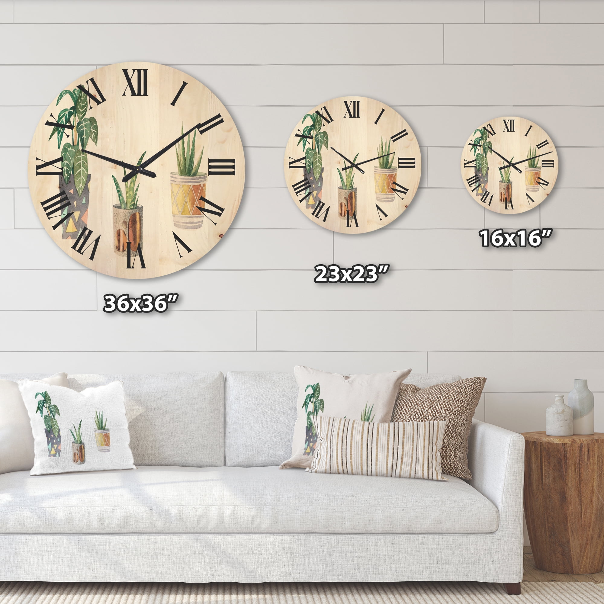 Designart 'Three Potted Houseplants On White' Traditional Wood Wall Clock