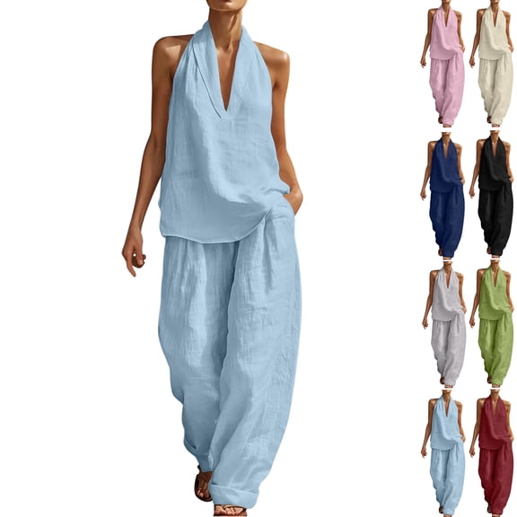 Gealkoca Two Piece Set Women's Solid Color Halter Neck Sleeveless Top and Elastic Waist Pocket Pants Linen Set Summer Casual Beach Vacation Outfits
