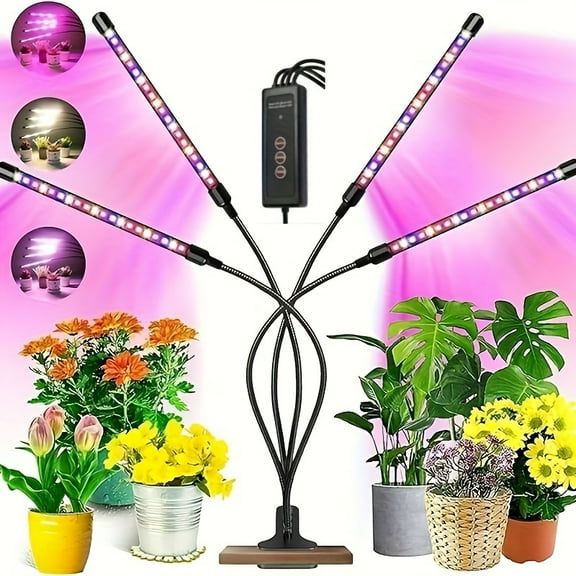 80 LED Indoor Plant Grow Light with Full & Red Blue Yellow Spectrum, 3/6/12H Timer, 5-Level Dimmable, Adjustable Gooseneck, 4 Clip-On Heads for Indoor Gardening