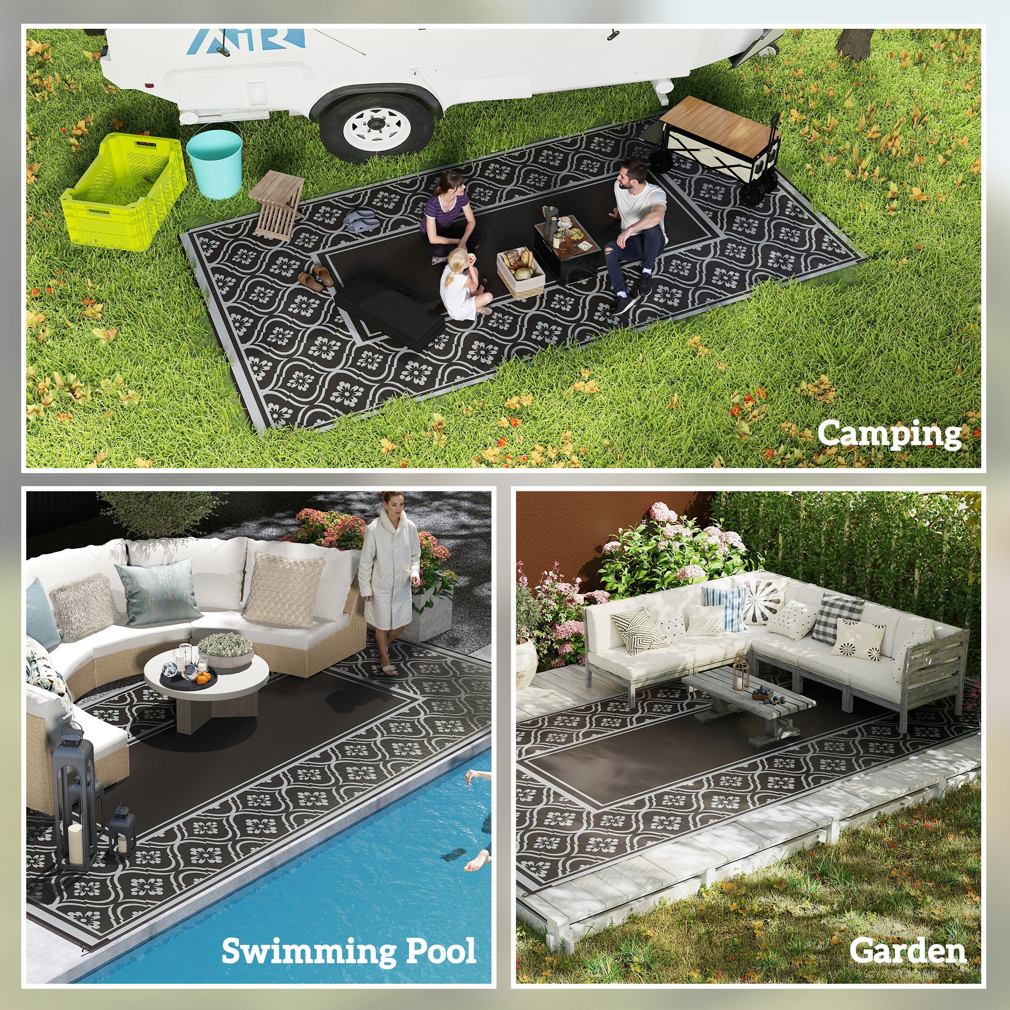 9' x 18' Black & Gray Gourd Border Reversible Outdoor Patio Rug, Waterproof Plastic Straw RV Camping Rug with Carry Bag, Foldable Fade Resistant Mat