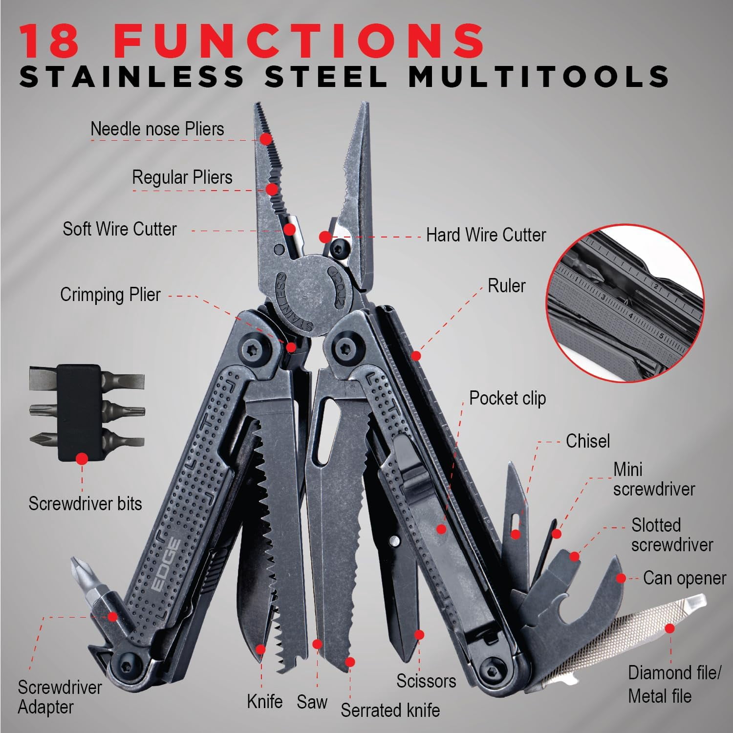 EDGE Multi-Tool Pliers 14-in-1 Stainless Steel Multitool with Knife, Saw, Scissors, Wire Cutter & Screwdriver Bits, Compact Folding Pocket Tool for Camping, Survival - Black
