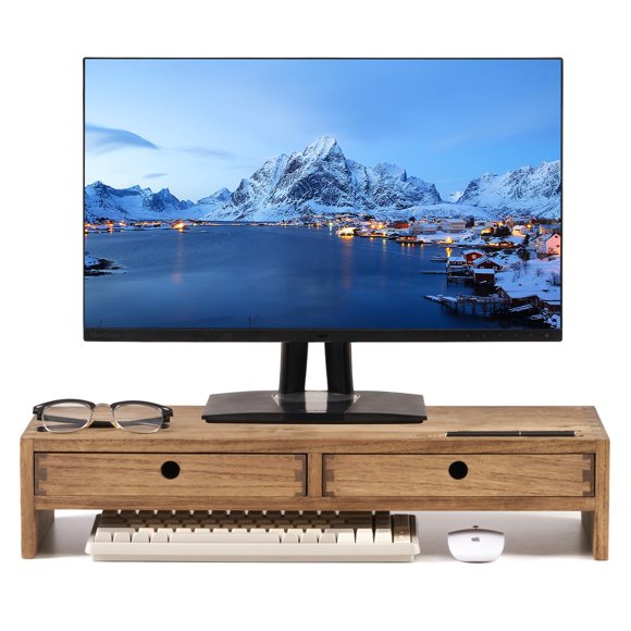 KIRIGEN Wood Monitor Stand with 2 Drawers - Computer Arm Riser Desk Storage Organizer,Speaker TV Laptop Printer Stand with Pen Slot and Cable Managem