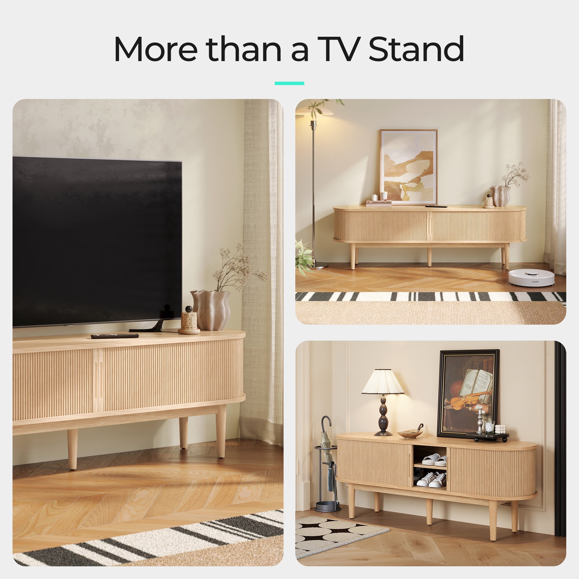 LINSY HOME Fluted TV Stand for TVs up to 75", Mid-Century Home Entertainment Center with Sliding Tambour Door and Adjustable Shelves, Oak