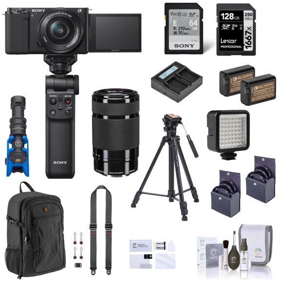 Sony Sony ZV-E10 Mirrorless Vlog Camera with 16-50mm Lens, Black - Bundle with E 55-210mm f/4.5-6.3 OSS Lens, Vlogger Accessory Kit, 128GB SD Card, Backpack, 2x Extra Battery, Charger, and More (16