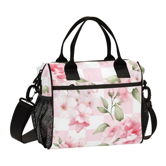Pink Flowers Grids Cooler Bag Lunch Bag Soft Cooler Cooling Tote Insulated Lunch Box for Adult Men Women