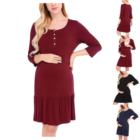 Bovxnpu Summer Maternity Clothes,Maternity Dresses,Women's Pregnant Casual Sexy Fashion 3/4 Sleeves Breast-feeding Button Dress