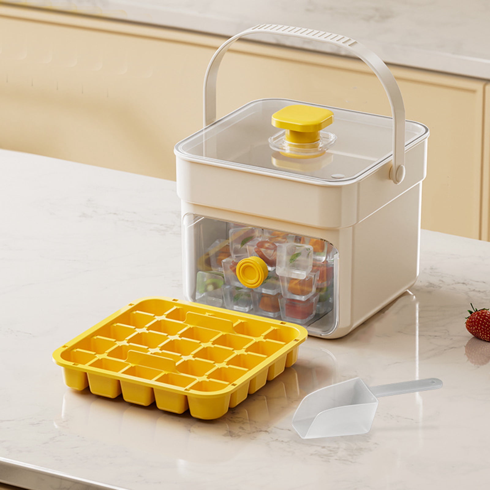 Ice Cube Tray, Press Ice Cube Trays Double Layer 50 Ice Maker Cube Mold Easy Release Ice Cube Trays with Lid and Bin and Ice Scoop for Making Whiskey, Cocktail, Coffee