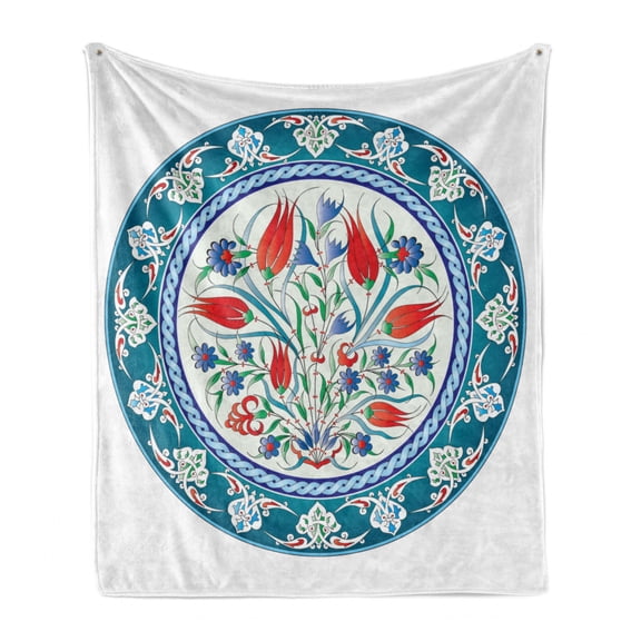 Tulip Soft Flannel Fleece Throw Blanket, Historical Traditional Medieval Turkish Ornate Tulip Flowers Round Frame Print, Cozy Plush for Indoor and Outdoor Use, 50" x 60", Teal Red White, by Ambesonne