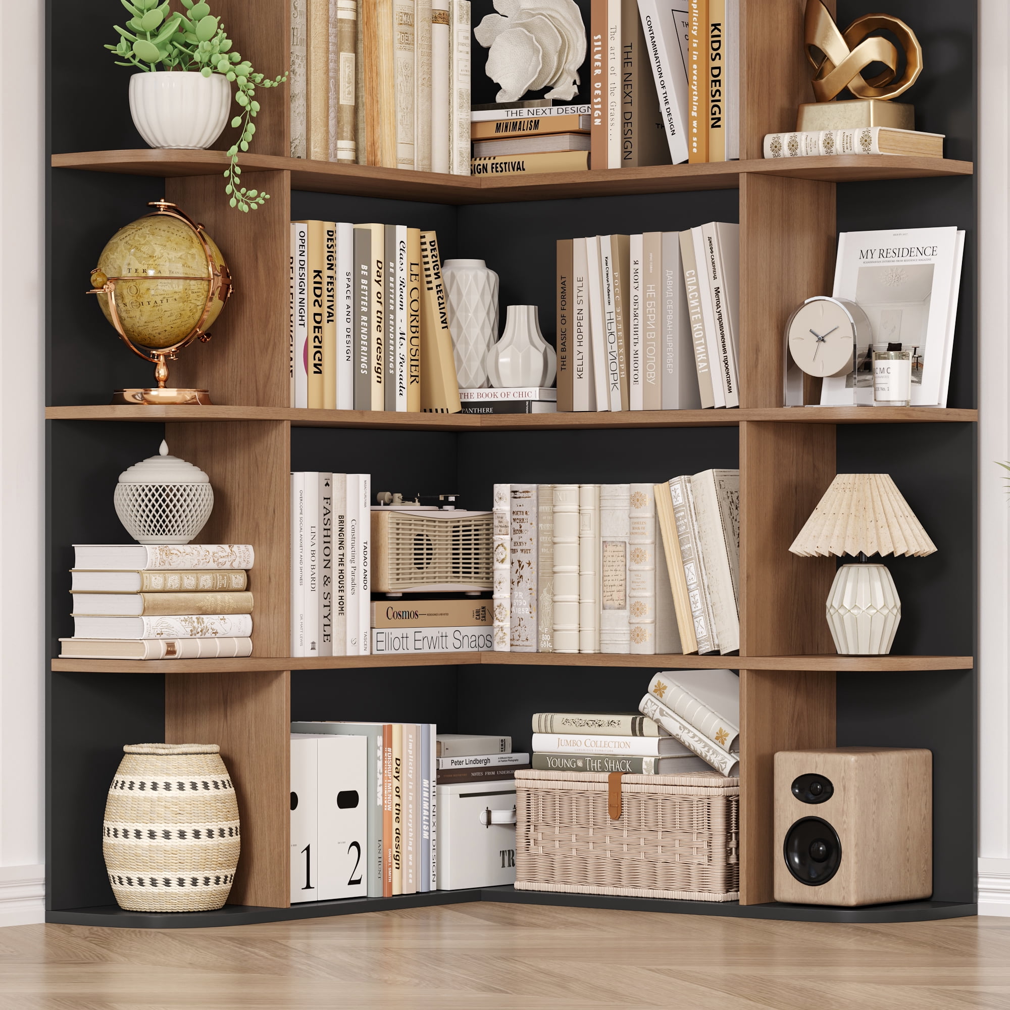 Homfa 73.9” Tall Corner Bookcase, 6 Tier L-Shaped Large Display Bookshelf with Curved Edges for Living Room Home Office Study, Black & Oak