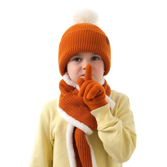3Pcs Kids Hat Scarf and Snow Gloves Set, Winter Knit Warm Soft Pom-Pom Beanie Outdoor for Boys Girls and Toddlers