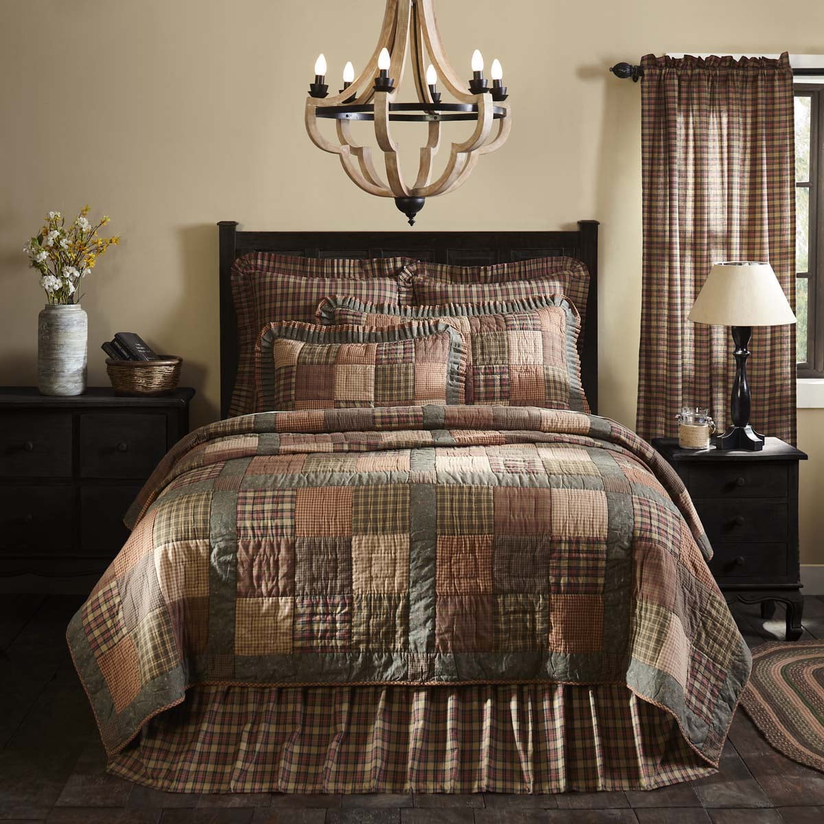 Dark Olive Green Primitive Bedding Cinnamon Plaid Cotton Pre-Washed