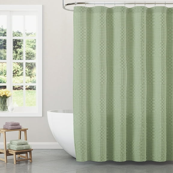 Beautiful Sage Green Check Matelassé Fabric Shower Curtain by Drew Barrymore, 72" x 72"