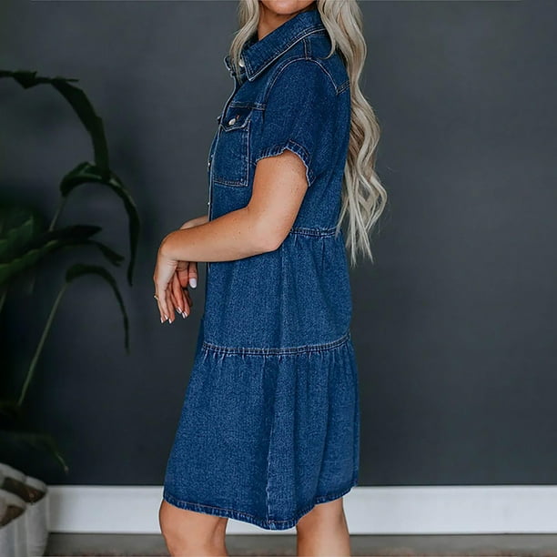 Meichang Denim Dress for Women Summer Short Sleeve Collar Button