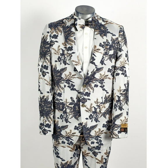 Mens 2 Button White, Navy, & Gold Foil Floral Paisley Prom and Wedding Tuxedo By Alberto Nardoni Brand Designer