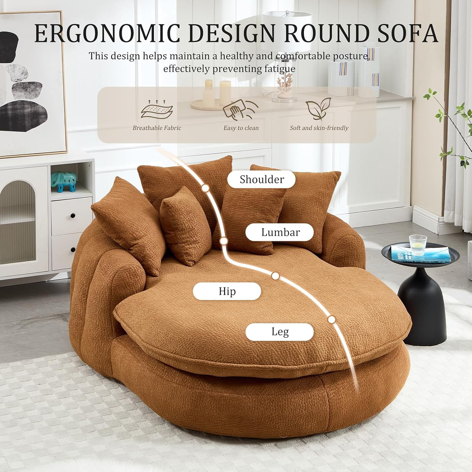 AENKYO Oversized Chenille Bean Bag Sofa with 5 Pillows, Oval Lazy Floor Sofa with Wraparound Backrest for Adults-Brown