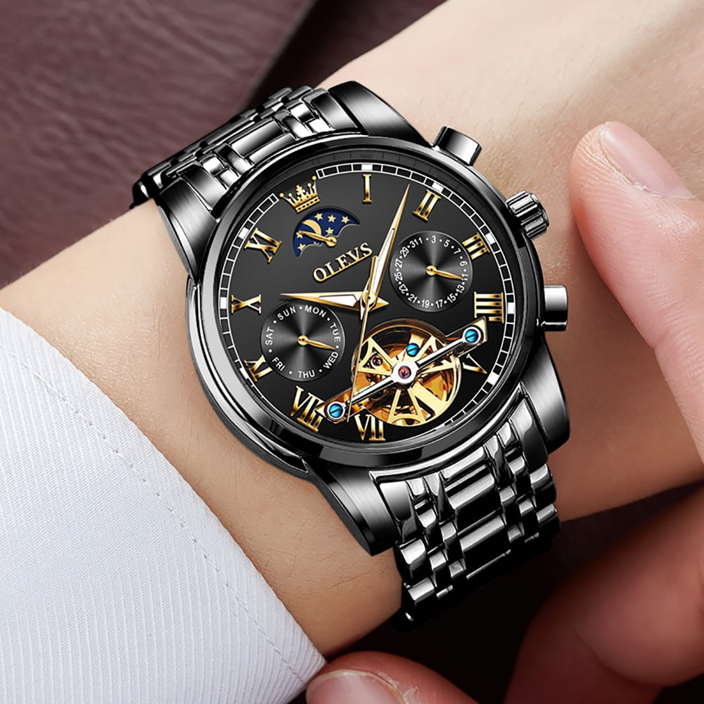 OLEVS Automatic Watches for Mens Skeleton Mechanical Self Winding Chronograph Calendar Classic Dress Moon Phase Multifunction Mens Wrist Watches Luminous Waterproof Stainless Steel Reloj Para Hombre