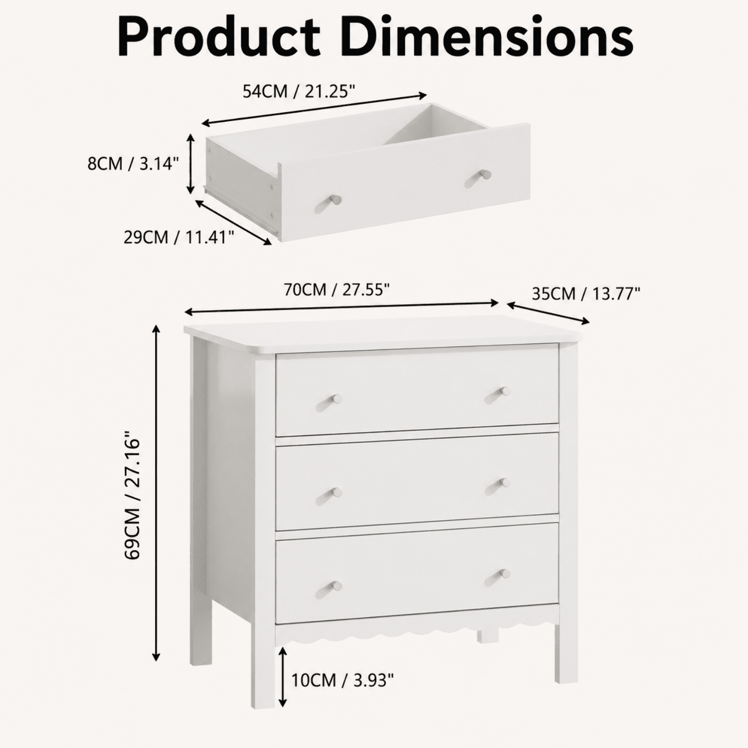 Miniyam Kids 3 Drawer Dresser, White MDF Storage Chest with Gold Knobs for Kids Bedroom, Playroom and Toy Room