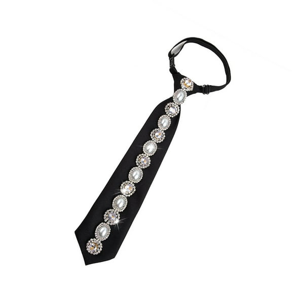 Retro Black Necktie for Women with Adjustable Strap Crystal Rhinestones Pearls Accent Graduation Party Pre Tied Neck Tie