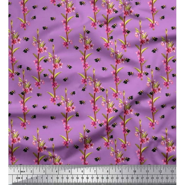 Soimoi Polyester Crepe Fabric Leaves,Floral & Honey Bee Insects Print Fabric by The Yard 42 Inch Wide