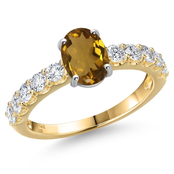 Gem Stone King 14K Two Tone Gold Whiskey Quartz and Lab Grown Diamond Engagement Ring for Women | 1.65 Cttw | Oval 8X6MM | Gemstone Birthstone | Size 9