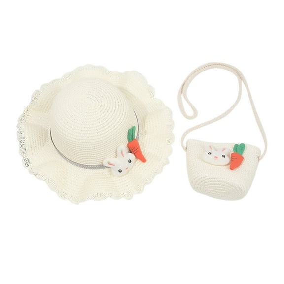 EnJoCho Kids Cute Girls Cartoon Rabbit Sunshade Hat Straw Beach Sun Hat Straw Bag Casual Outdoor Caps for Toddler