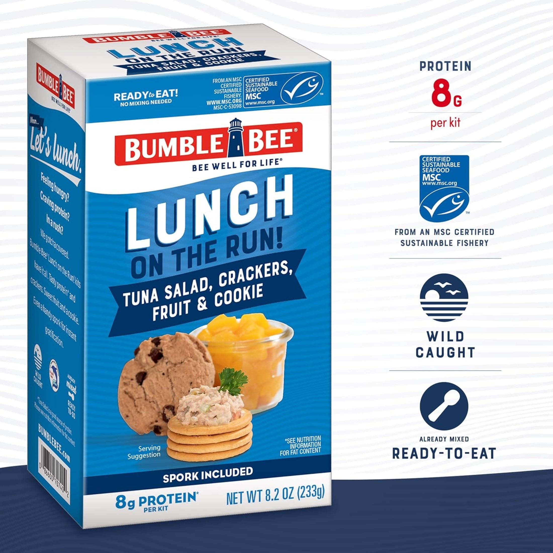 (2 pack) Bumble Bee Lunch on The Run Tuna Salad with Crackers Kit, Wild Caught, Ready to Eat, Includes Peach Cup and Cookie, Shelf Stable Box, 8.2 oz