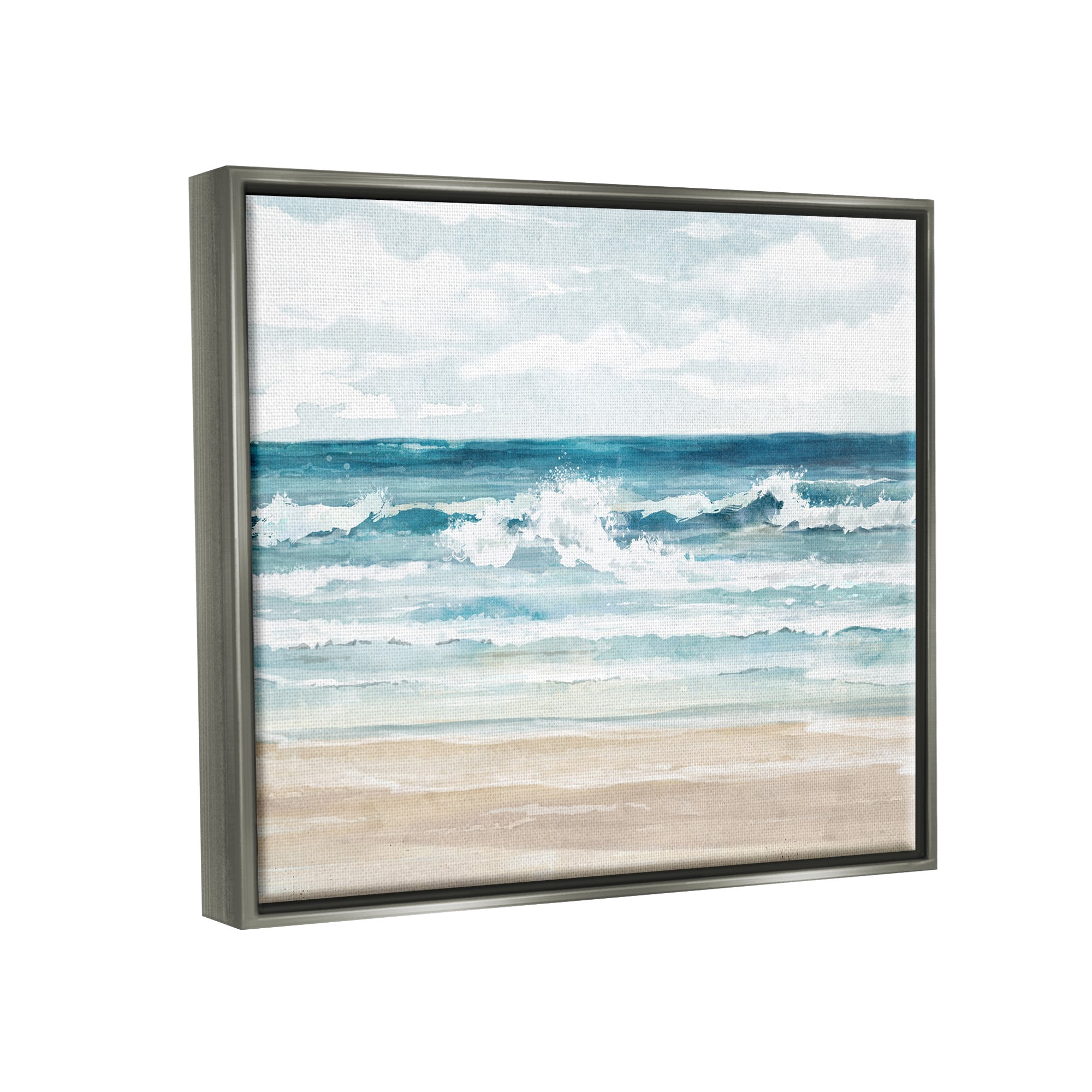Stupell Industries On The Shore Beach Waves Landscape Painting Gray Floater Framed Canvas Art Print Wall Art, 21 x 17