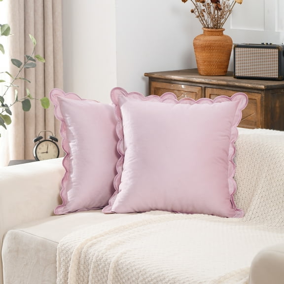 Decorative Throw Pillow Covers 18x18 Set of 2 Couch Soft Velvet Designs with Scallop Edging for Bed Indoors Mix and Match for Home Decor,Pink